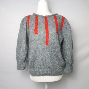 Vintage Gray Crewneck Sweater with Red Stripe Accents